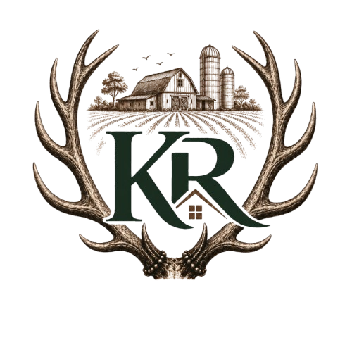 KR Lantbruk & Fastighetsservice – företagets emblem med hjorthorn, gård och taksymbol